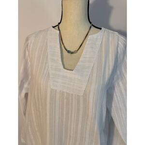 Xirena White Cotton Stripe Popover Blouse Gauze Pocket Long Sleeve Top Size M